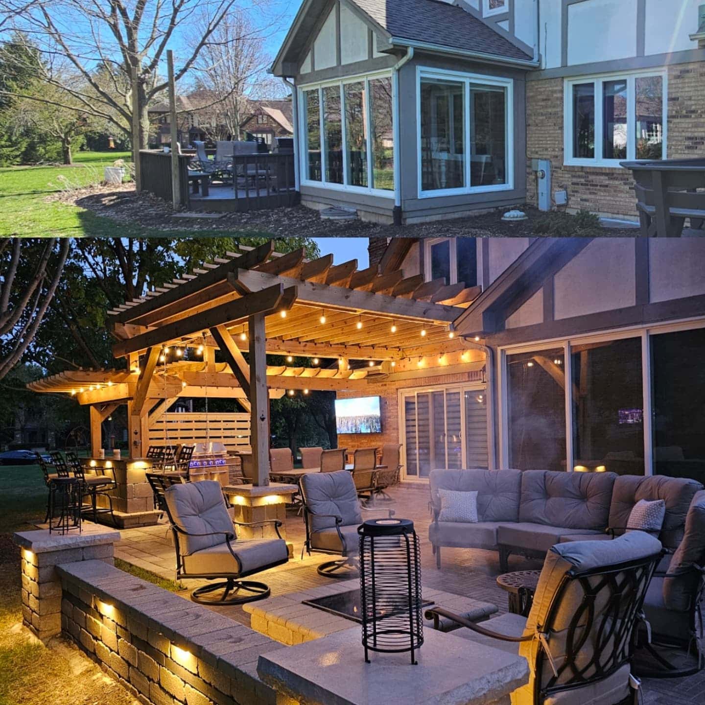 before and after paver patio with new deck